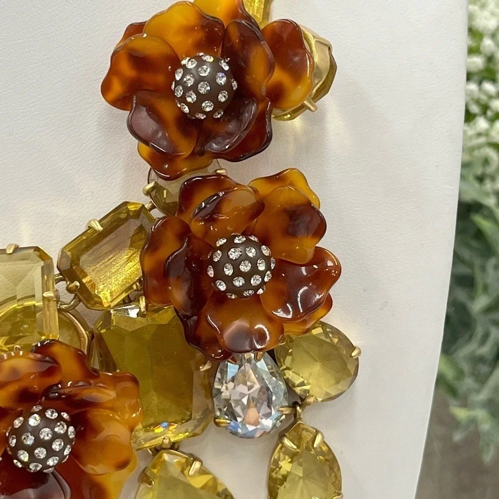J. Crew Tortoise Shell Flower Asymmetrical Pave Yellow‎ Rhinestone Bib Necklace